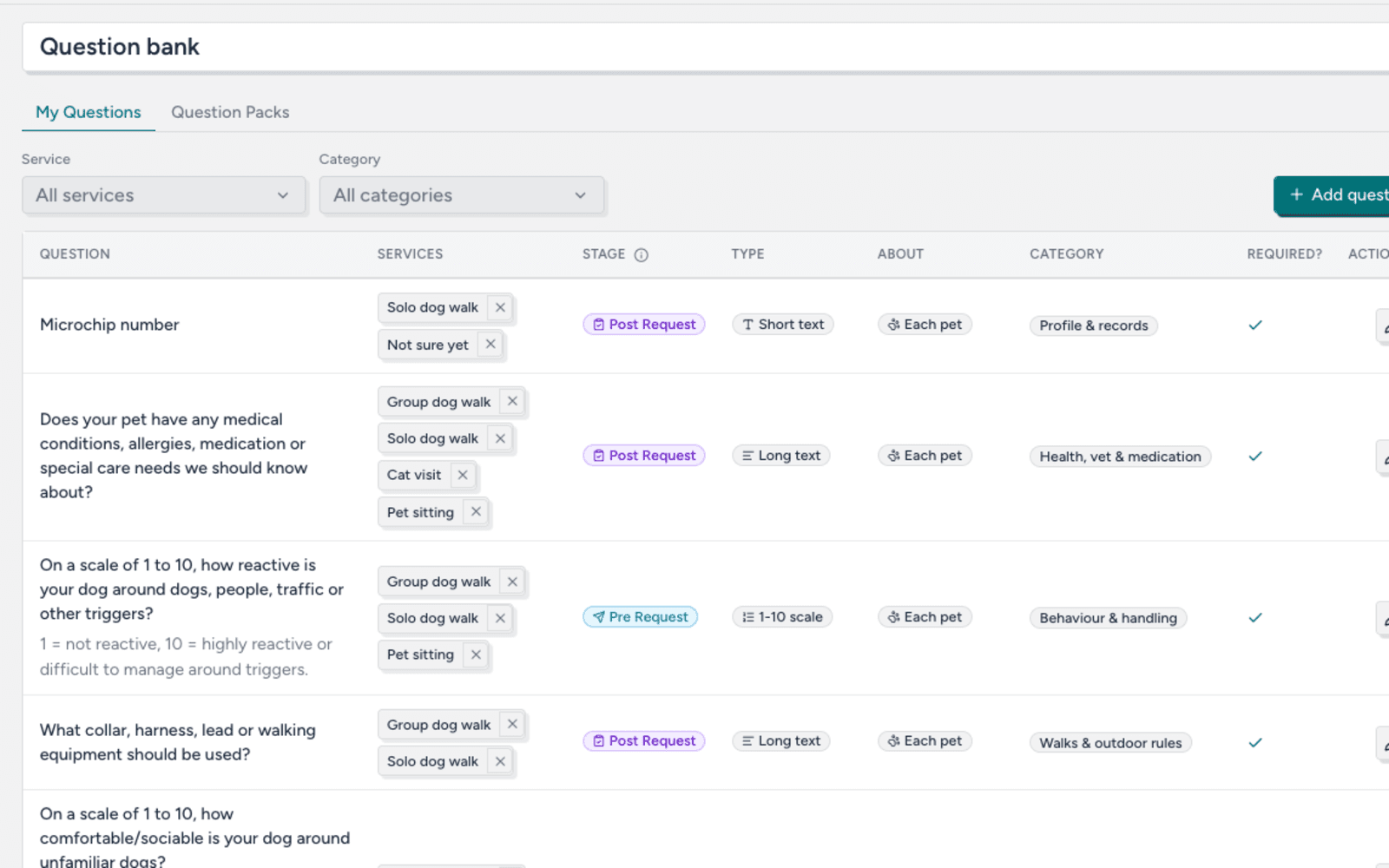 TailTrack question bank with service-specific questions